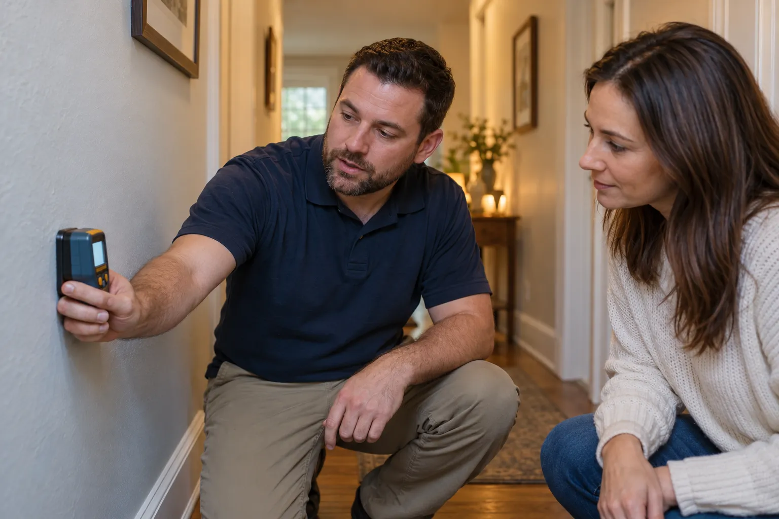 Provider checking a wall with a moisture meter in a Irvine home